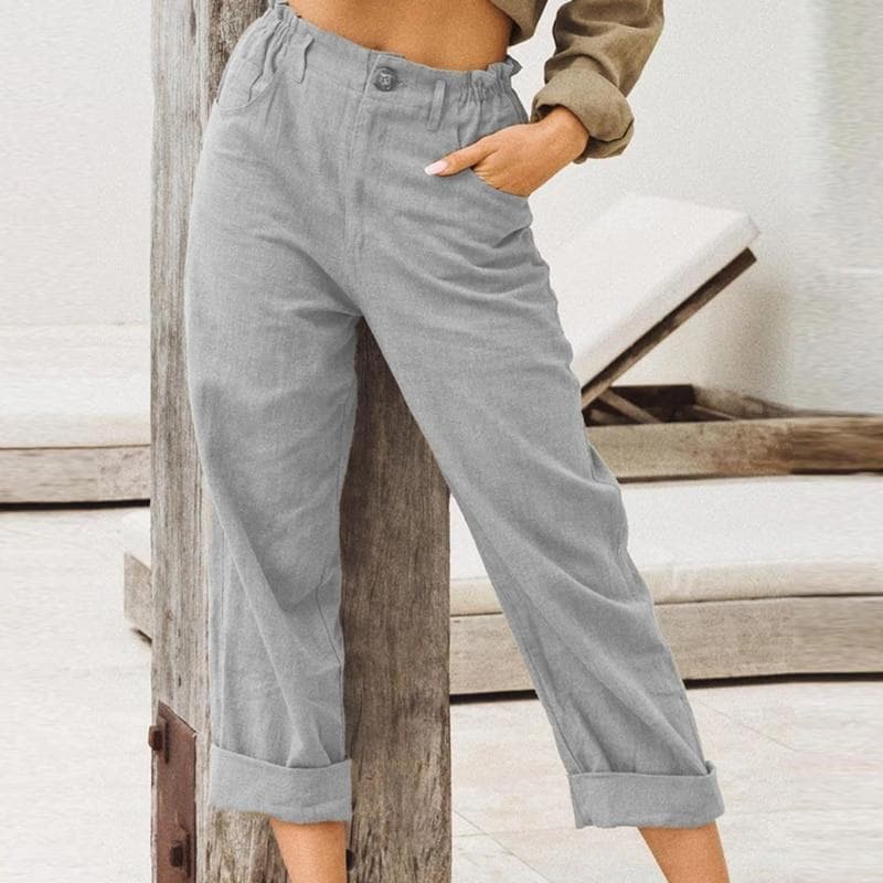 Spring Summer Autumn Pure Color Cotton and Linen Fashion Loose High Waist Casual Trousers Women S light gray