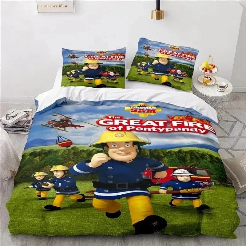 Cartoon Fireman Sam Toys Bedding Set Duvet Cover Bed Set Quilt Cover Pillowcase Comforter king Queen Size Boys Adult Bedding Set AU Single 140x210cm