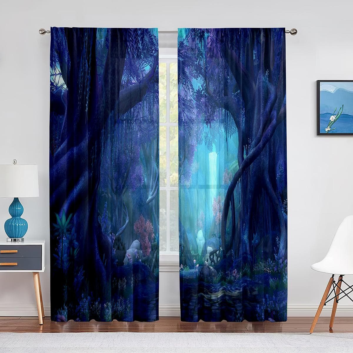 Forest Fairy Tales Lanterns and Fantasy Large Tree Tulle Curtains for Living Room Bedroom Decoration Chiffon Sheer Voile Curtain 1 PCS W100XH250cm&Rod Pocket
