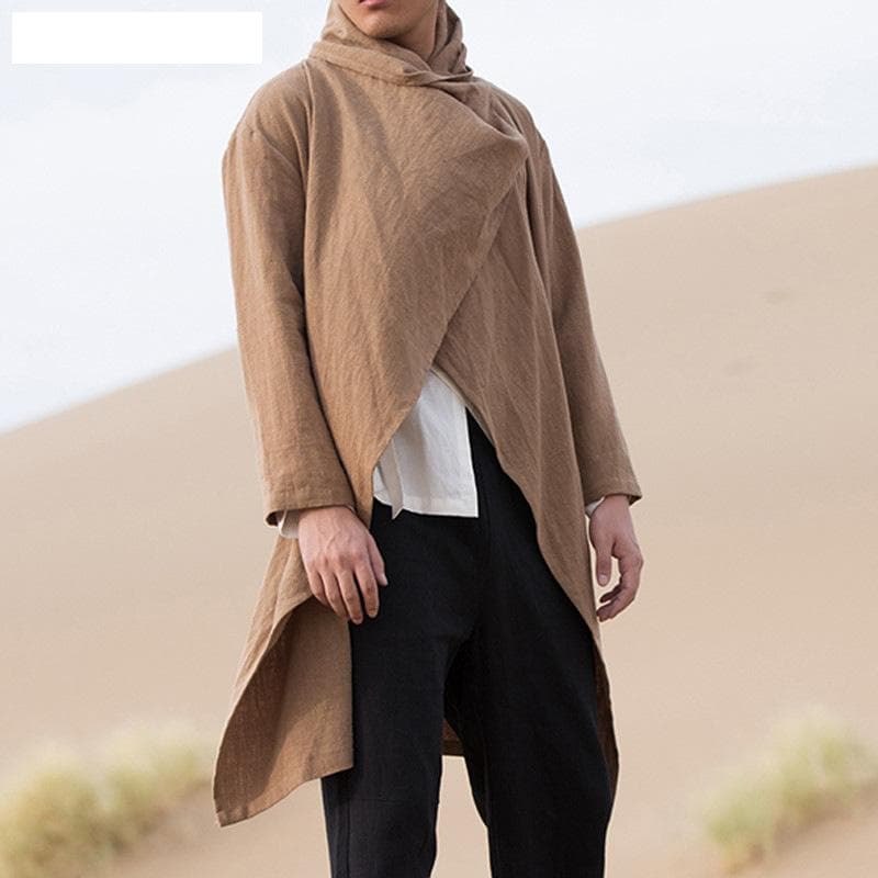 Men's Cotton and Linen Cape Long Irregular Cape Spring New Long-sleeved Coat XL brown