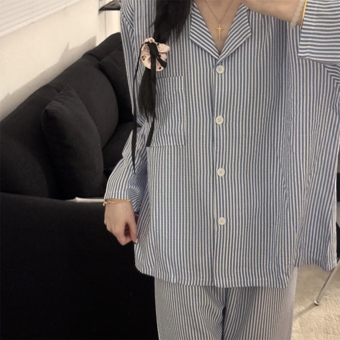 Women 2Pcs Long Sleeve Pajamas Set Female Sweet Geometric Striped Printed Top Pants Home Clothing Casual Loose Nightdress XL blue