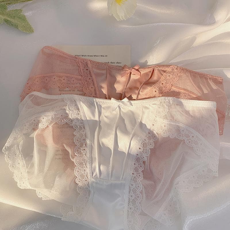 French Vintage Satin Pure Desire White Lace Underwear for Women Sexy Mesh Low Waist Lightweight Underwear for Girls Triangle Pants M pink