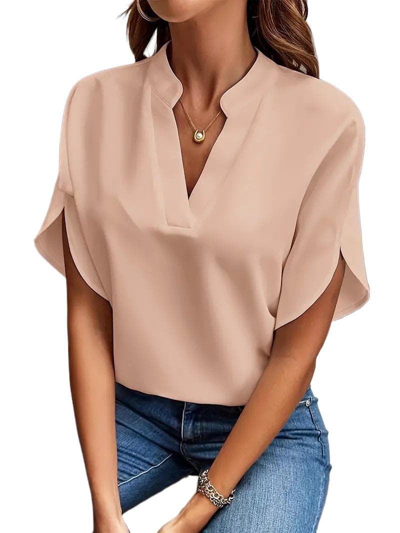 GMXIA Women's Fashion Casual Summer Solid Color Print Short Sleeve V-Neck Blouses & Shirts XL pink