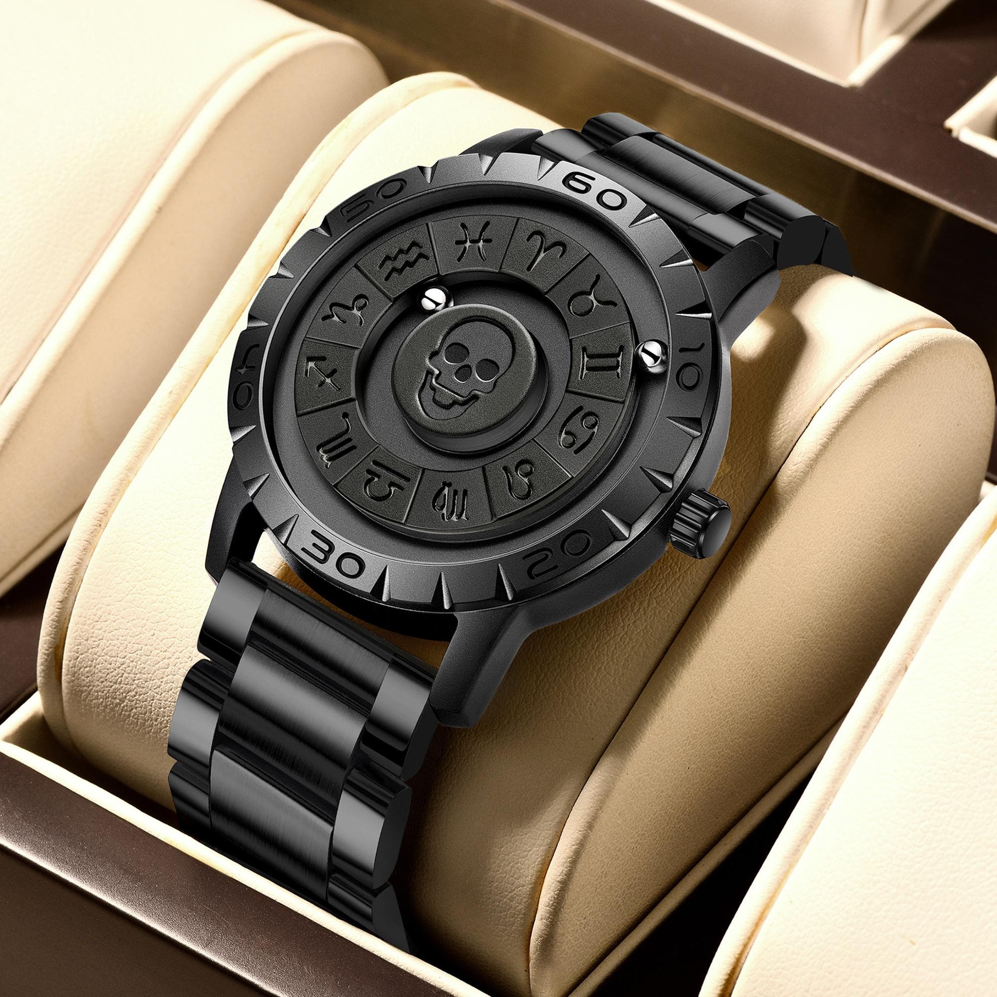 LIGE Brand FOXBOX New Personalized Original Men Quartz Watch Skull dial Magnetic Ball Design Waterproof Quartz Watch Men's Gift Steel strap black