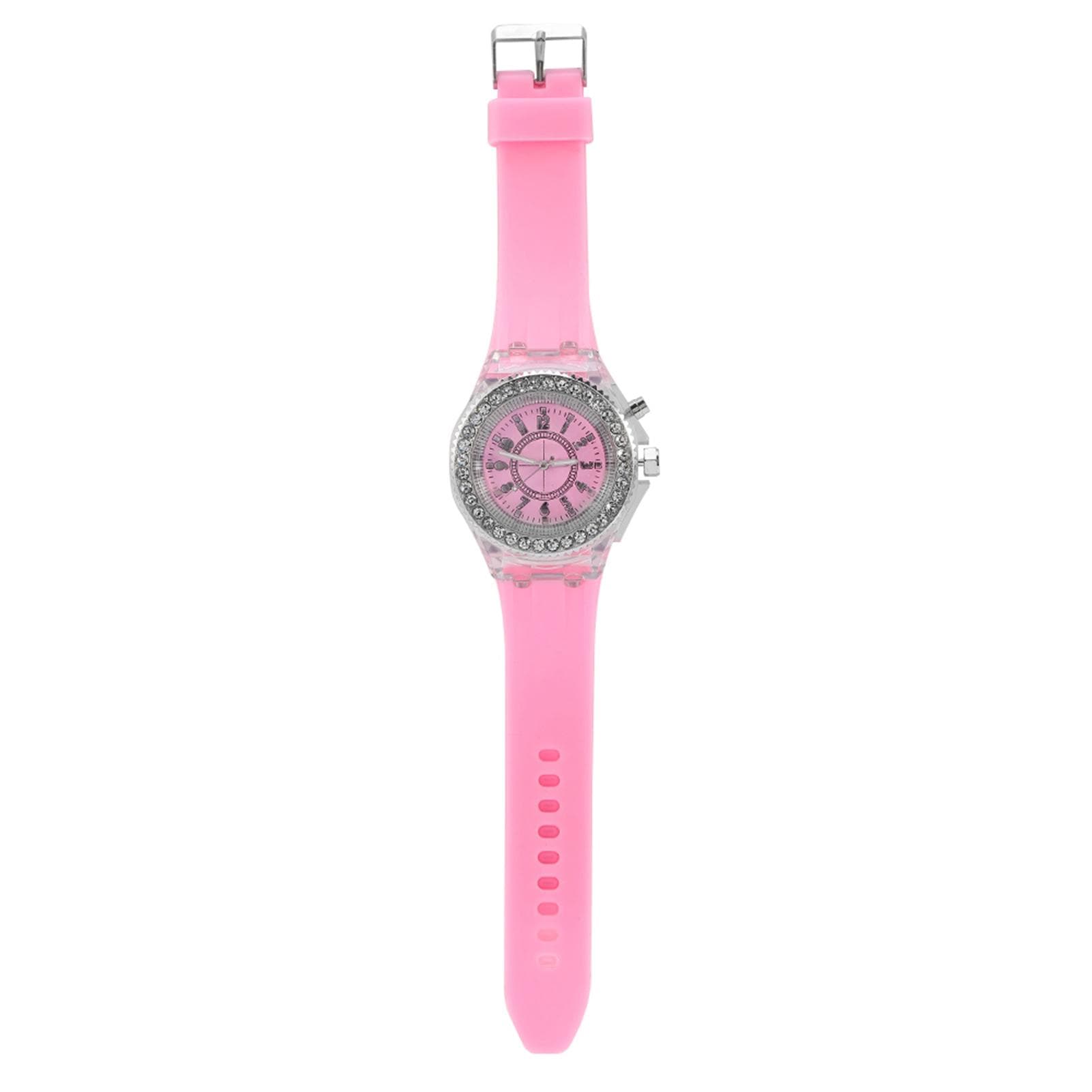 Female Children LED Back Light Quartz Round Watch Silicone Strap Wristwatch (Pink) pink