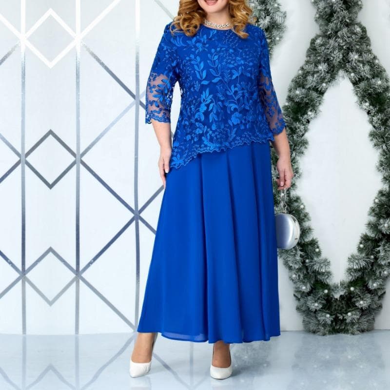 Plus Size Women's New Fashion Lace Chiffon Dress 5XL blue