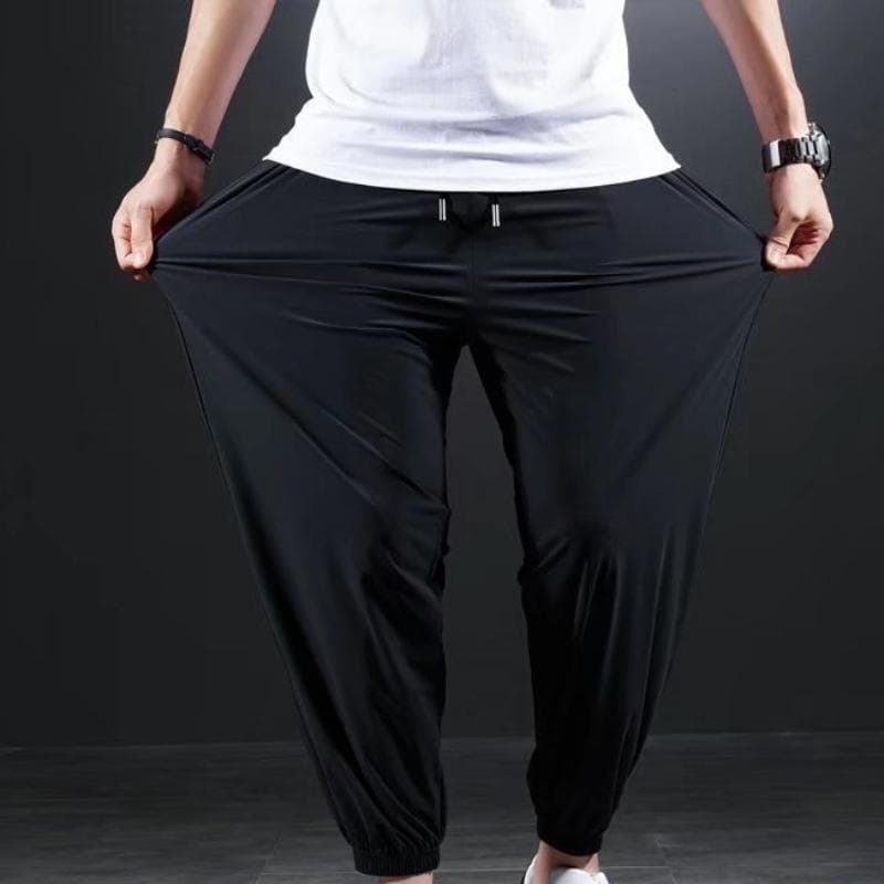 Summer Quick-drying Ice Silk Casual Pants Men's Ultra-thin Elastic Nine-point Pants Loose Drape Solid Beam Feet Pants L black