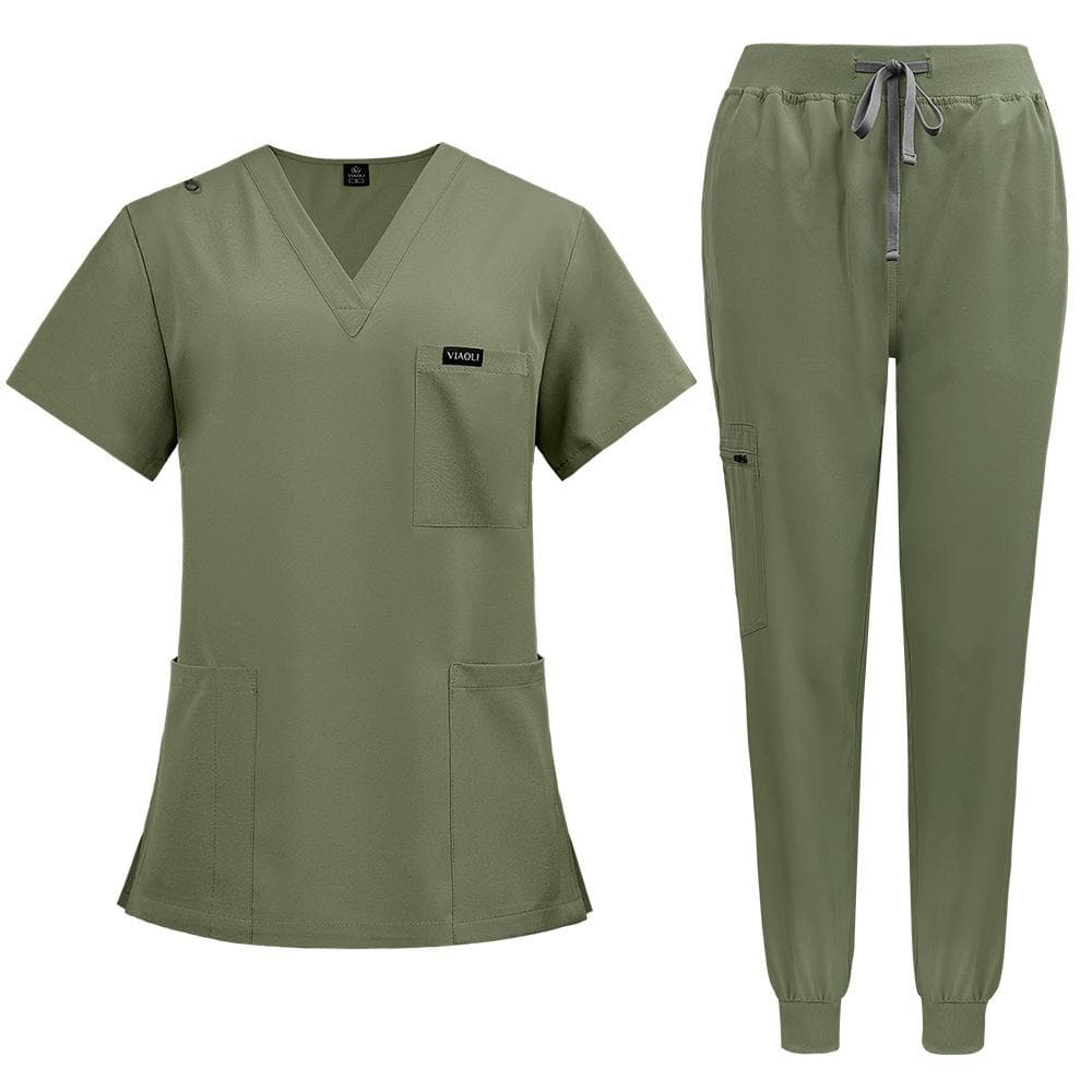 Scrubs for Women Set Jogger Pants Henley Two Piece Tops and Pants V Neck Stretchy Nurse Working Uniform with Pocket S green