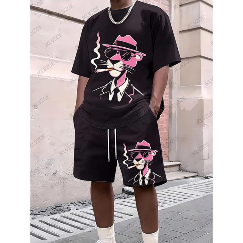 2025 New Men's Tracksuit Sets Pink Panther Short Sleeve T-Shirt Suit Casual Suit Sports Streetwear Shorts 2 Piece Male Clothes L