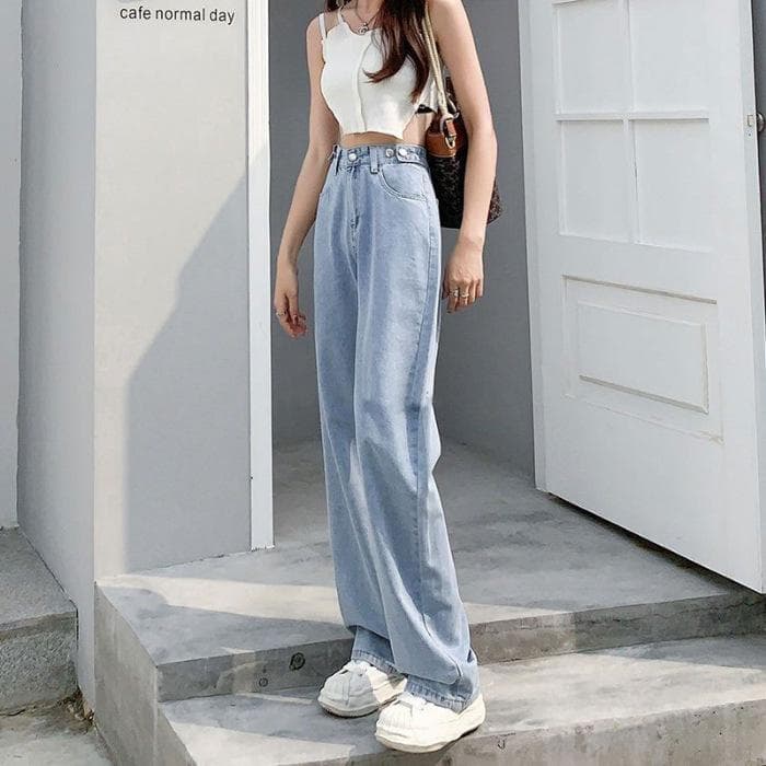 New Large-size Women's Pants, Black and Gray Wide-leg Jeans, Women's Multi-buckle Adjustable High-waist Slimming Straight and Loose Floor Pants 2XL
