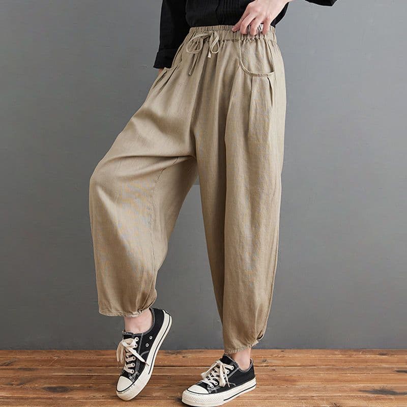 Women's Vintage Linen Nine-point Pants Loose Bloomers Solid Color Radish Pants Women 3XL