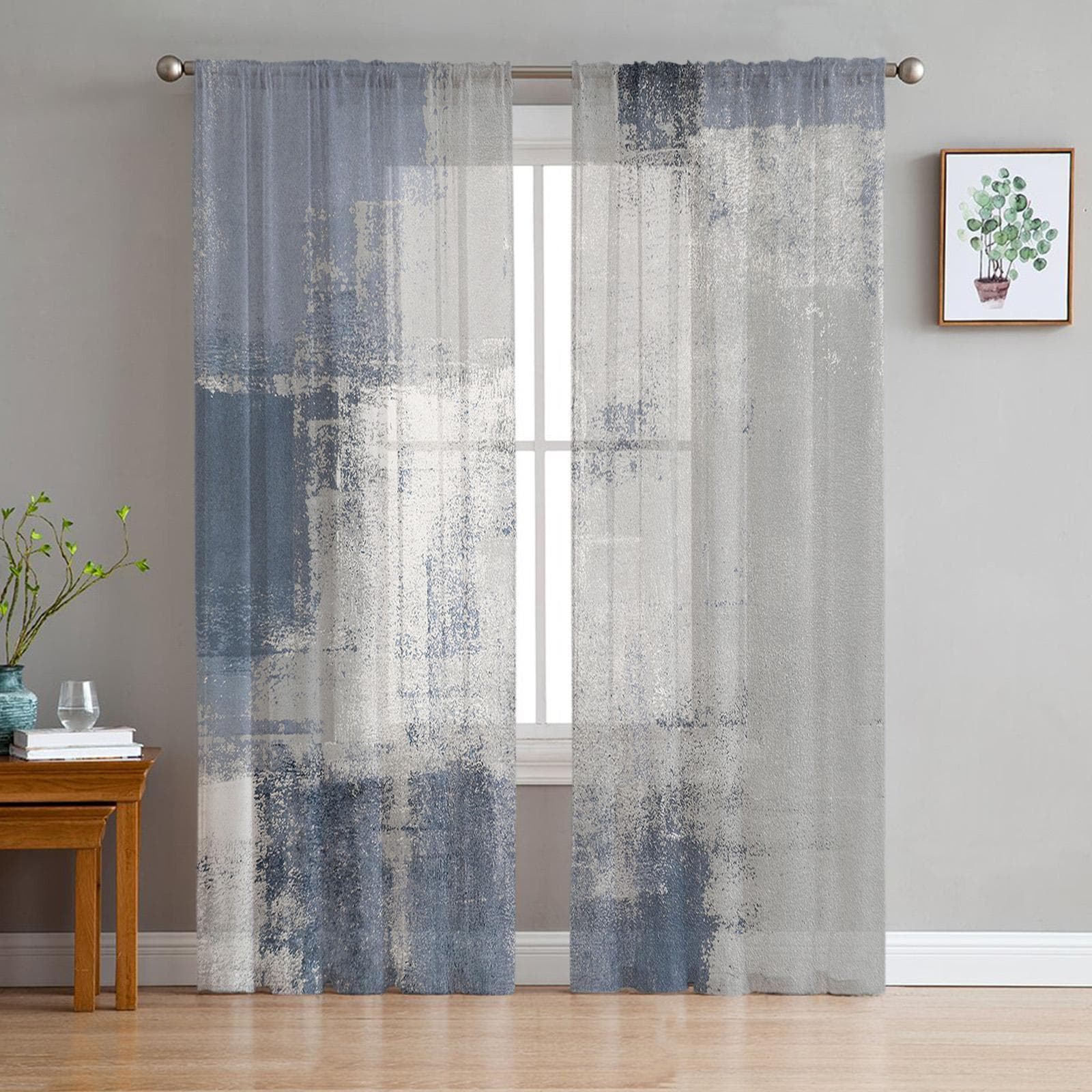 Geometric Abstract Oil Painting Texture Sheer Curtains Bedroom Living Room Voile Window Curtains Tulle Curtains for Kids Room 135W x 114H(cm)