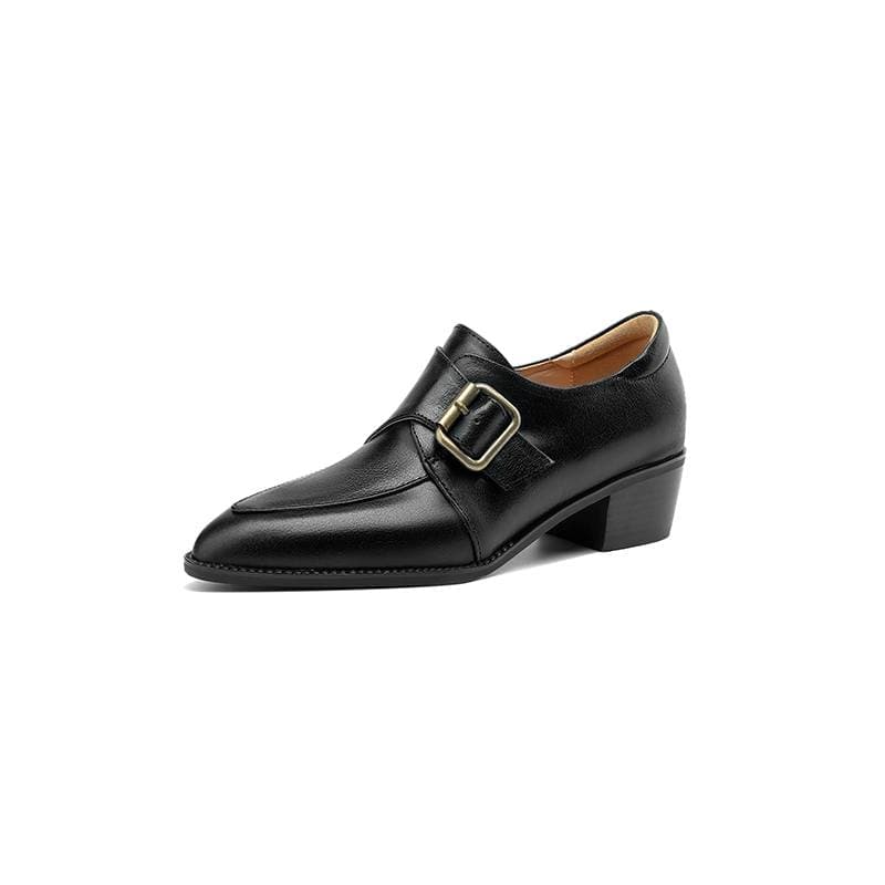 Krazing Pot Cow Leather Round Toe Thick Med Heels Spring Shoes Brogues Big Size 43 Slip on Square Buckle Women Pumps 42 black