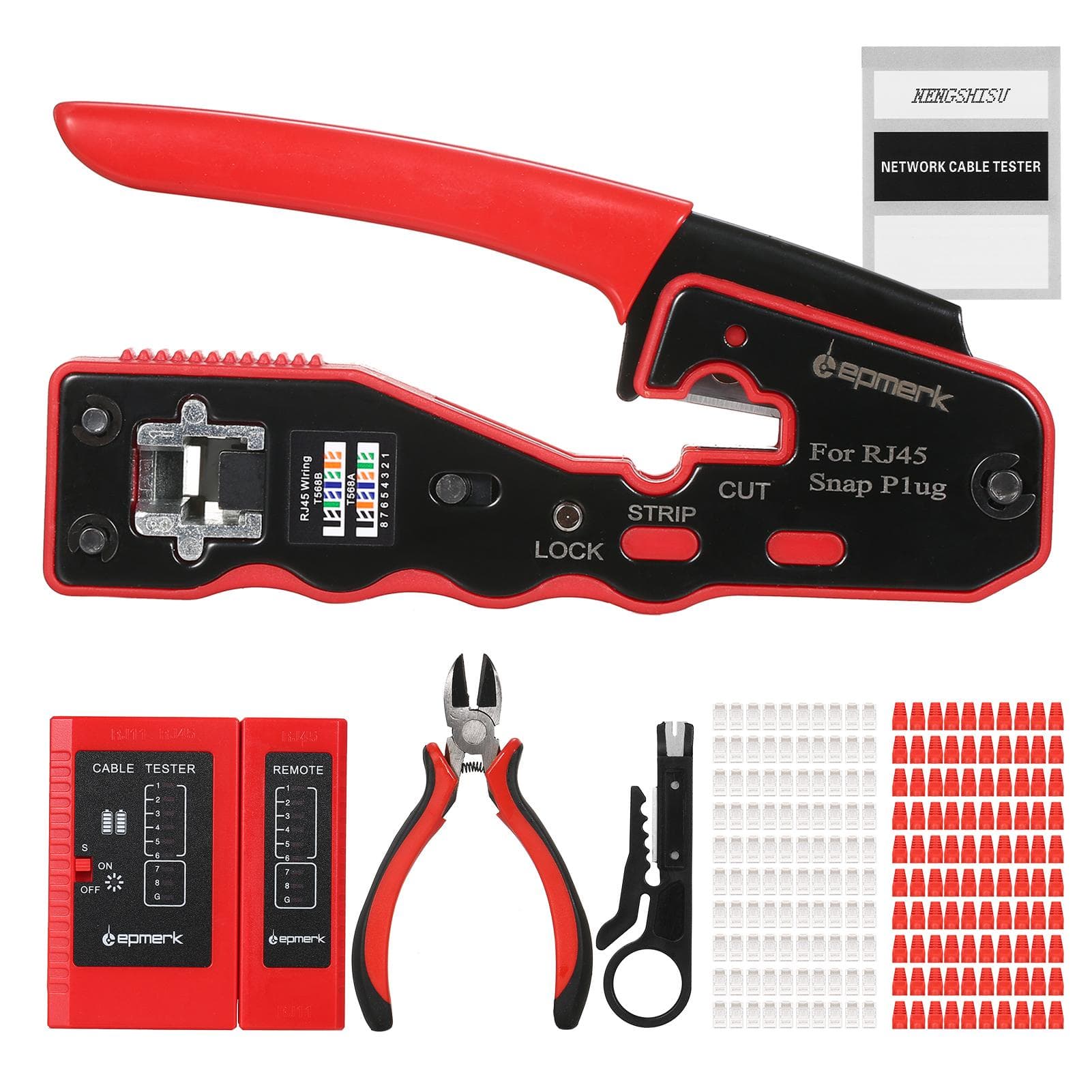 RJ45 Crimp Tool Kit All in One Pass Through Crimping Tool for Cat5e Cat6 Cat6a Pass Through red