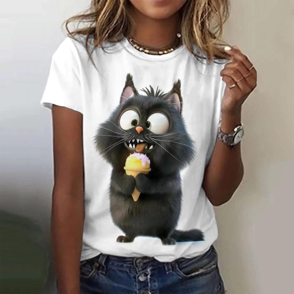 Funny Cat Print Women T-Shirts Top Pullover Loose Tee Shirt Short Sleeved Street O-Neck Polyester Female Casual Clothing Summer M