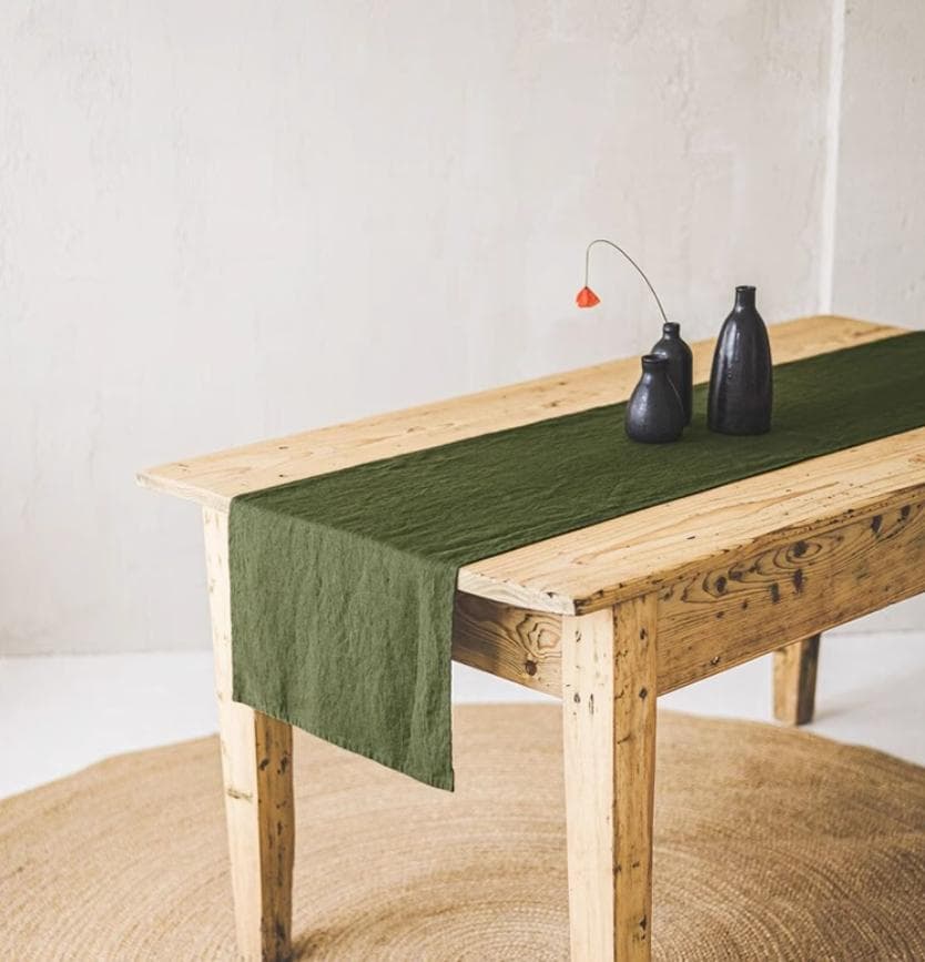 French Linen 100% Stone Wash Table Path Custom Luxury Pure Color Tea Table Runner Western Dining Table Decoration Accessories 40x140cm moss green