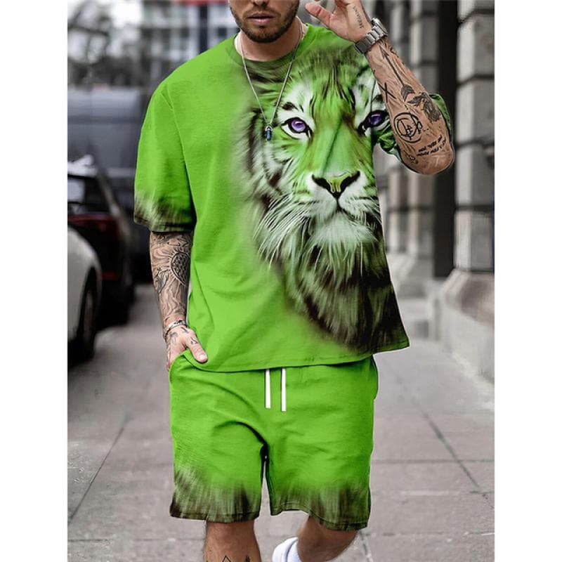 Summer Fashion Animal Print Men's T-Shirt Set O-Neck Short-Sleeved Top And Shorts Everyday Street Commuter Casual Wear For Men 6XL