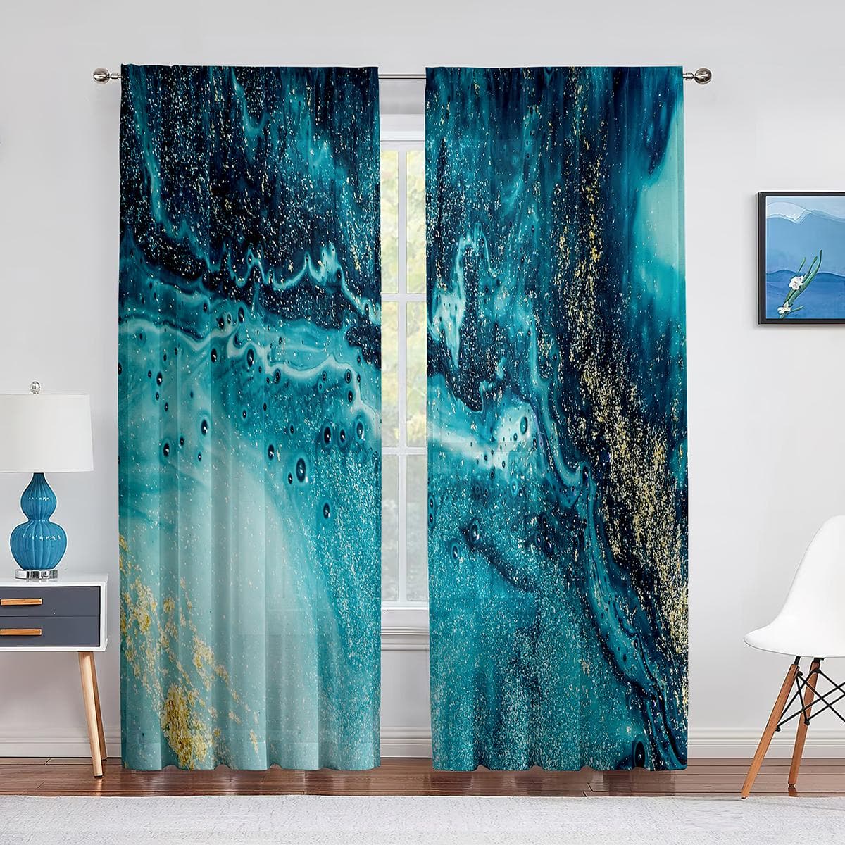 Abstract Marble Navy Blue Gold Marbling Sheer Curtains for Living Room Bedroom Decoration Window Chiffon Tulle Curtains Kitchen 1 PCS W100XH250cm&Grommet Top