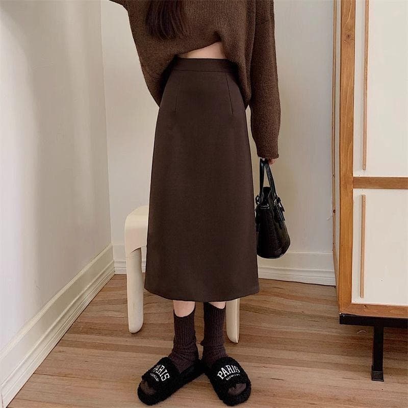 Versatile Woolen Long Dress, Black Spring and Autumn Long Skirt, High Waist and Thin Hip-wrapped A-word Skirt S
