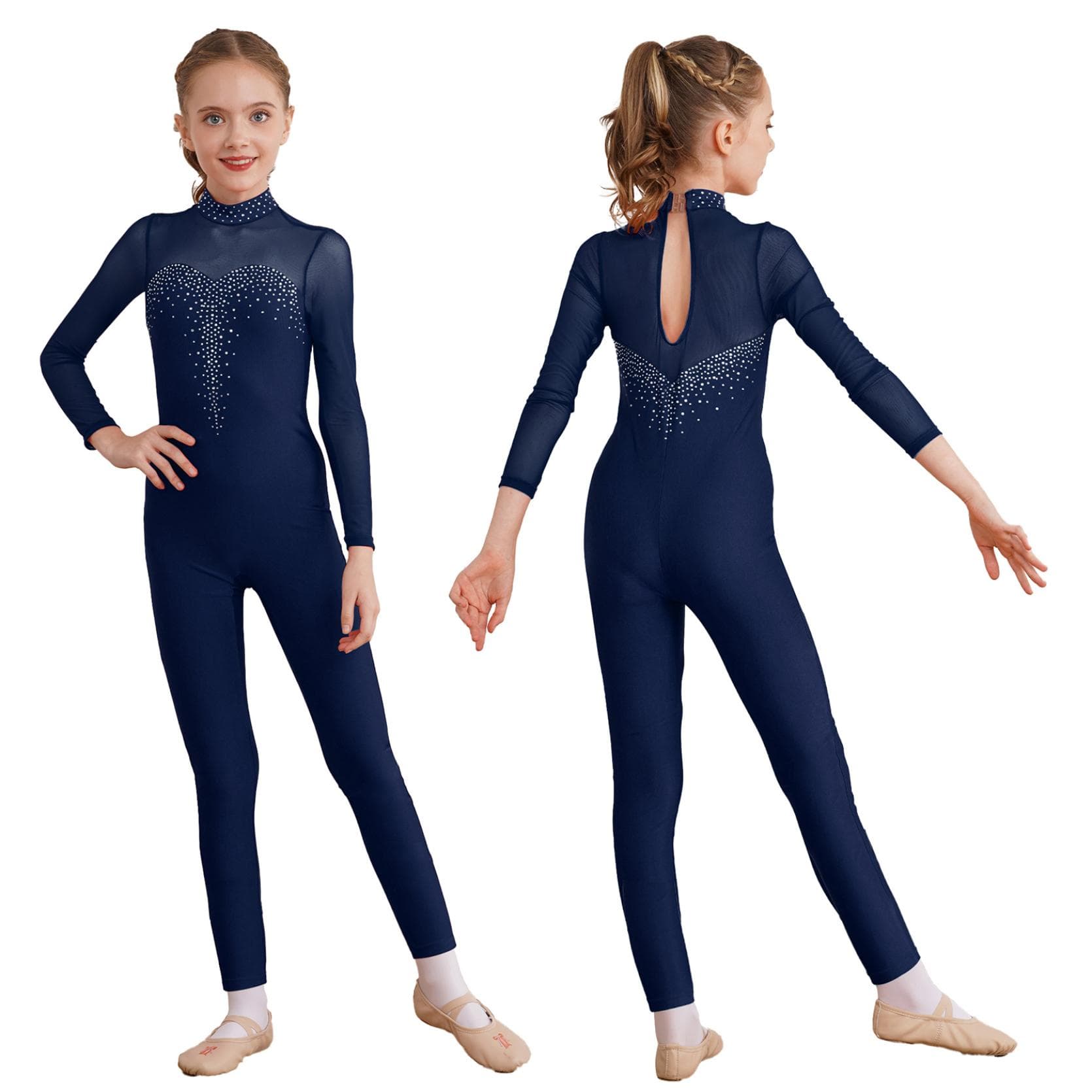Kids Girls Figure Skating Unitard Shiny Rhinestone Jumpsuit Long Sleeve Bodysuit Gymnastics Dance Performance Costume 13-14 Years navy blue