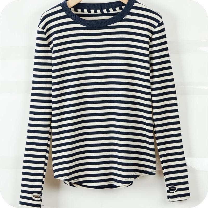 Spring and Autumn Women's Blouse Striped T-shirt Long-sleeved Tops Underneath The Bottom Shirt S navy blue