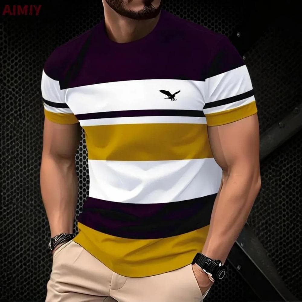 The Classic Design of Colorful Stripes and the Fashionable Style of Men's Short-sleeved T-shirts in Various Colors 3XL