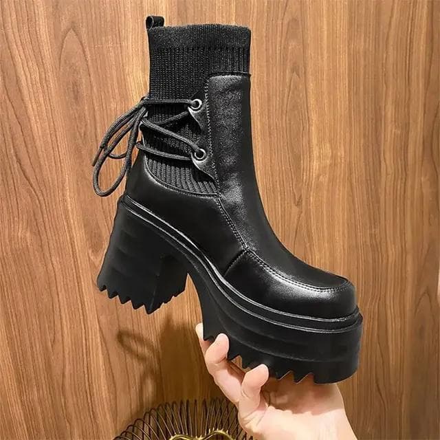Ankle Boots Women Quality Platform Boots Female Fashion Short Boot Black Chunky High Heel Women Shoes 38 black