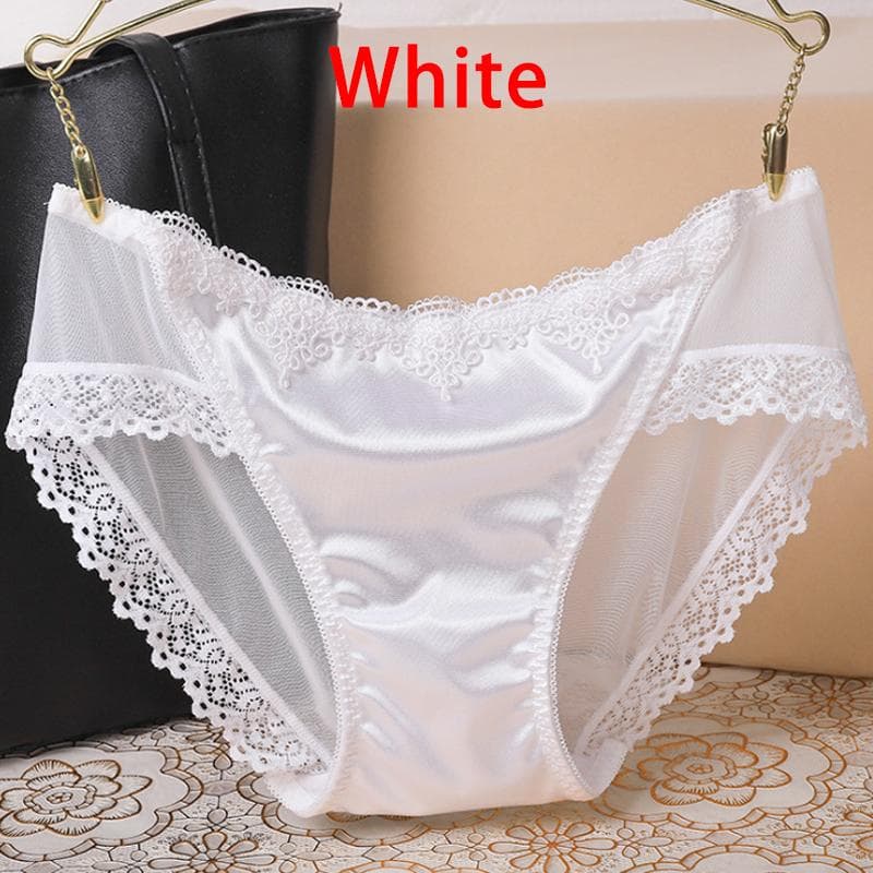 Women Lady Sexy Lace Panties Silk Satin Seamless Breathable Lingerie Briefs Underwear Underpant L white