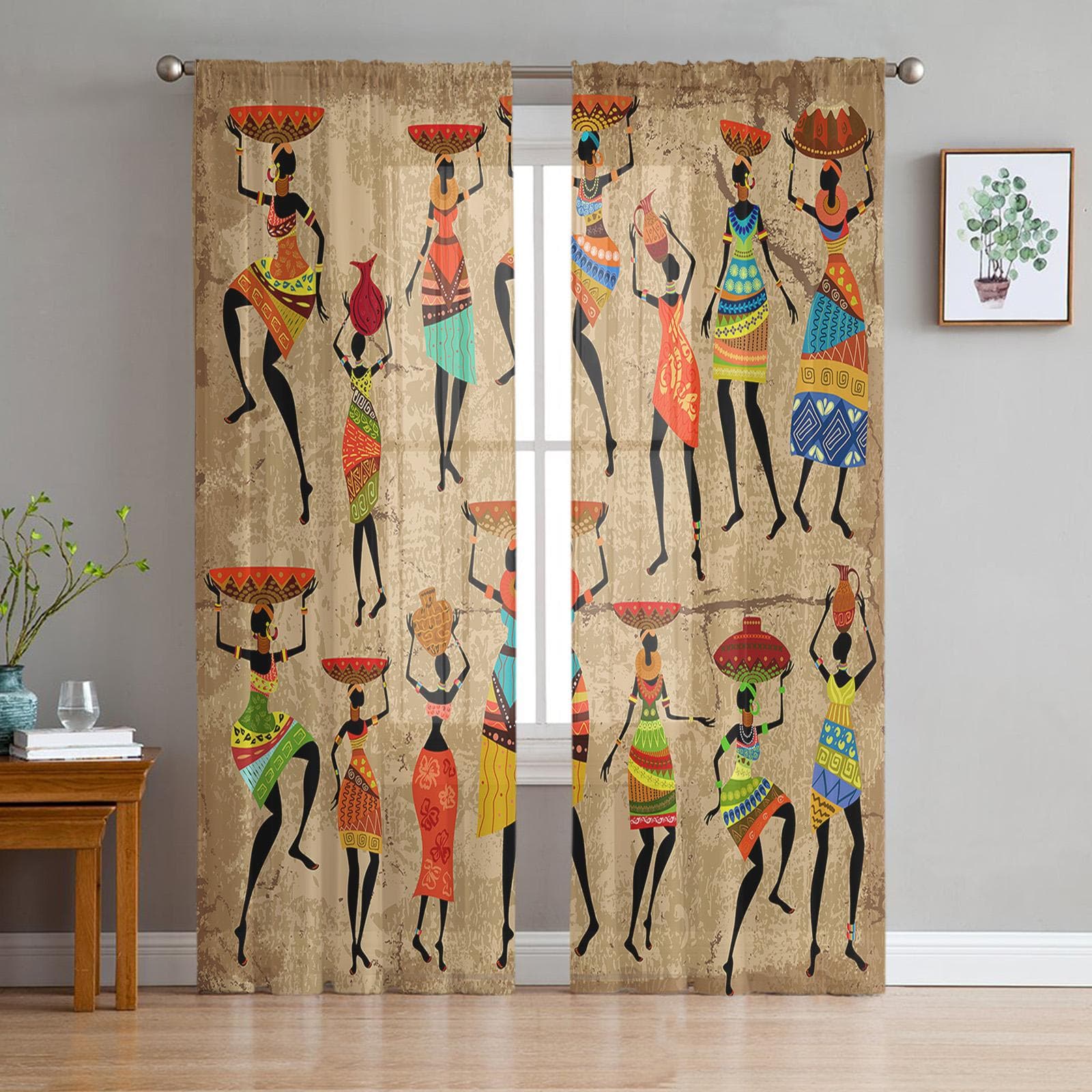 Ethnic Style African Women Black Folk Costume Sheer Curtains Bedroom Living Room Voile Window Curtains Tulle Curtains Kids Room 135W x 114H(cm)