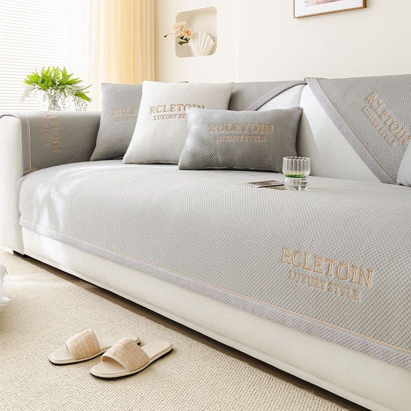 Summer Small Lattice Ice Silk Sofa Cushion Letter Embroidered Couch Cushion Cool Sofa Towel Machine Washable Ice Silk Sofa Cover 70x70cm 1pcs