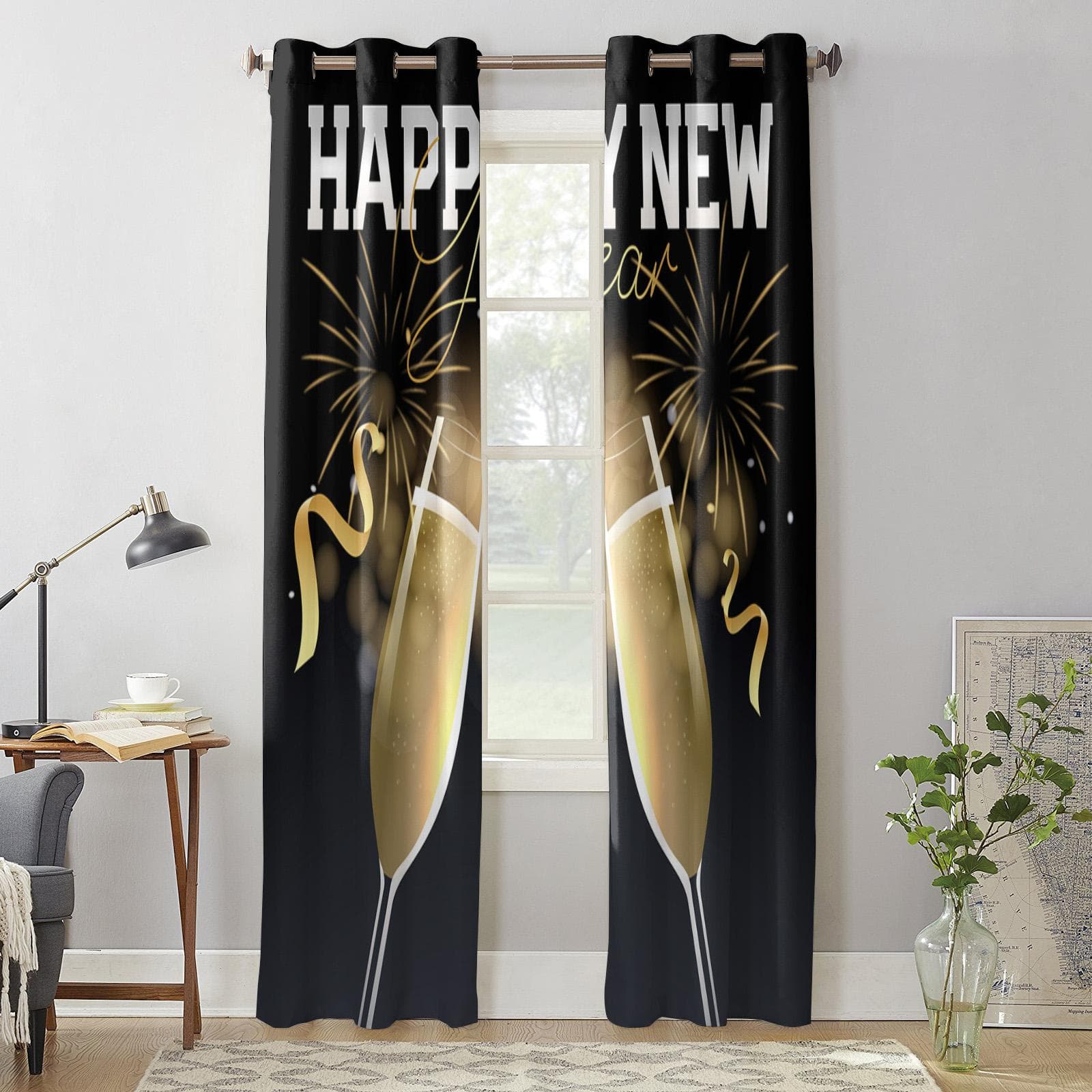 Winter New Year Wine Glass Fireworks Curtains for Bedroom Living Room Window Curtain Treatments Blinds Kitchen Home Decor Drapes 135W x 60H(cm) x1