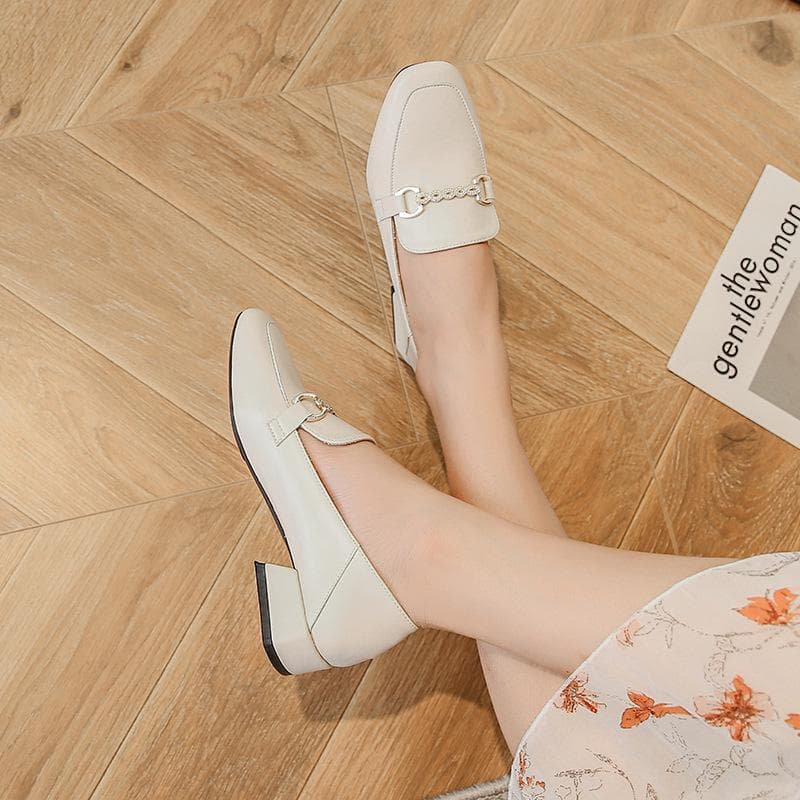 Square Toe Single Shoes Women's Leather Shoes British Style  Autumn New Slip on Loafers Two Wear Thick Heel Large Size Women's Shoes 33