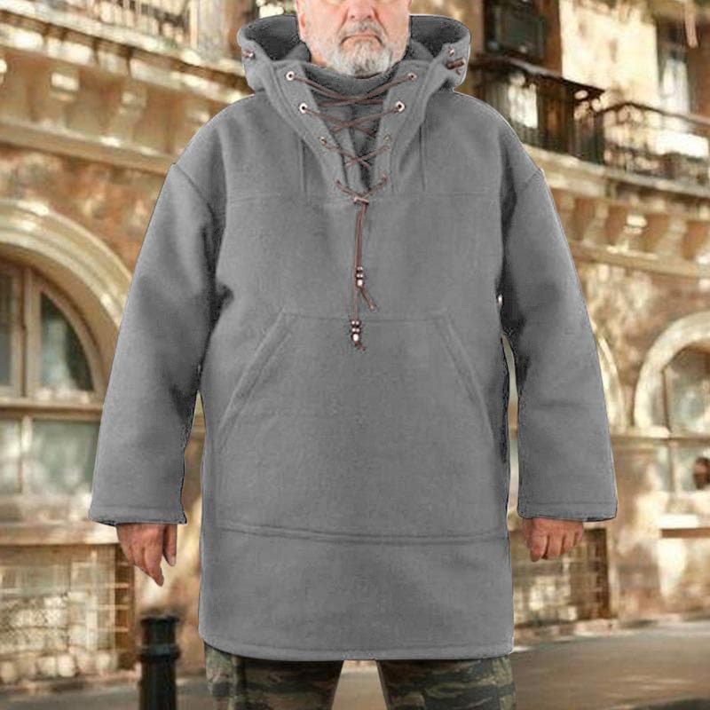 Men Fashion Warm Wool Hoodie Pullover Viking Lace Up Thicken Anorak Medieval Coats Cosplay Costume 4XL grey