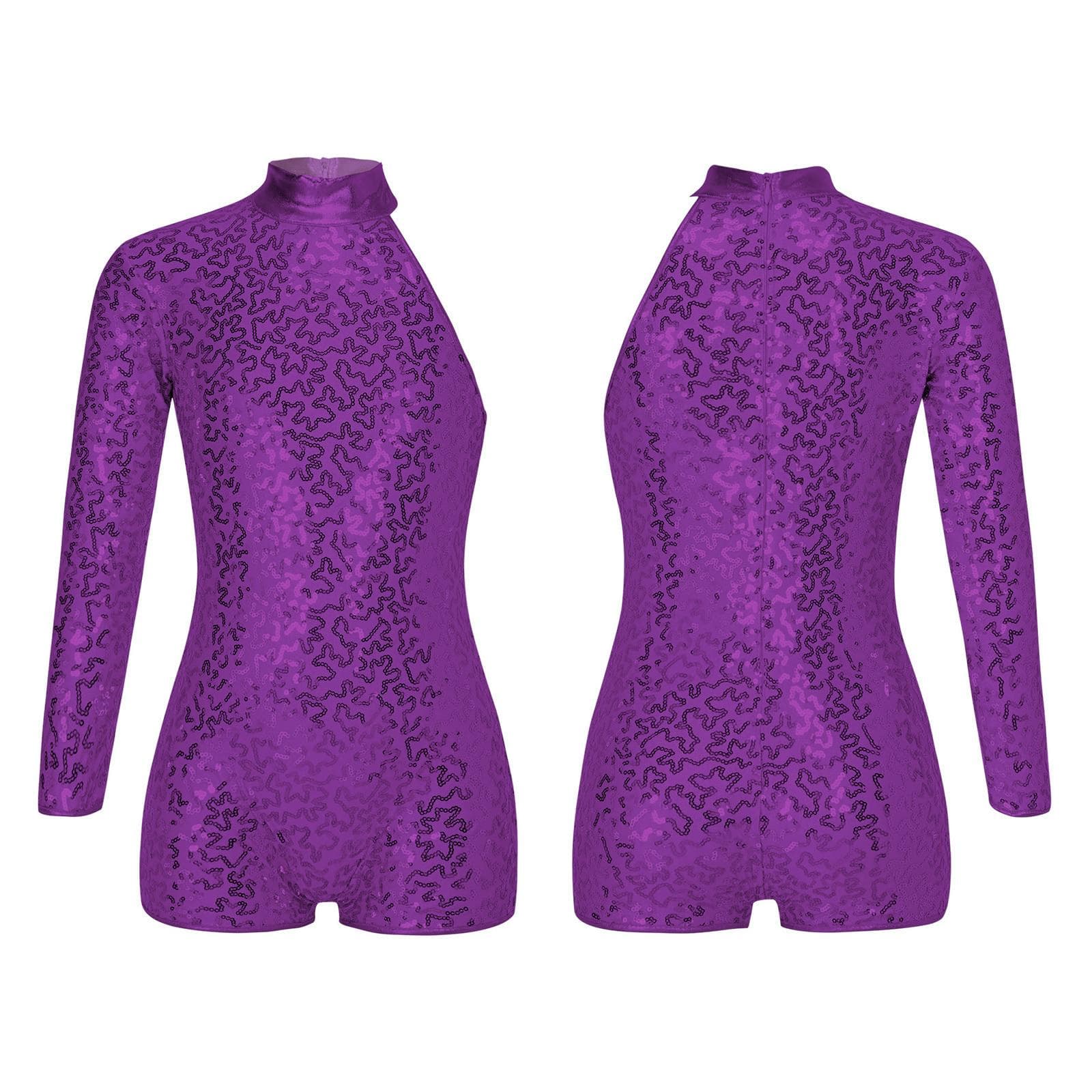 Kids Girls Single Long Sleeve Gymnastics Leotard Sequins Ballet Dance Unitards Short Jumpsuit 5-6 Years