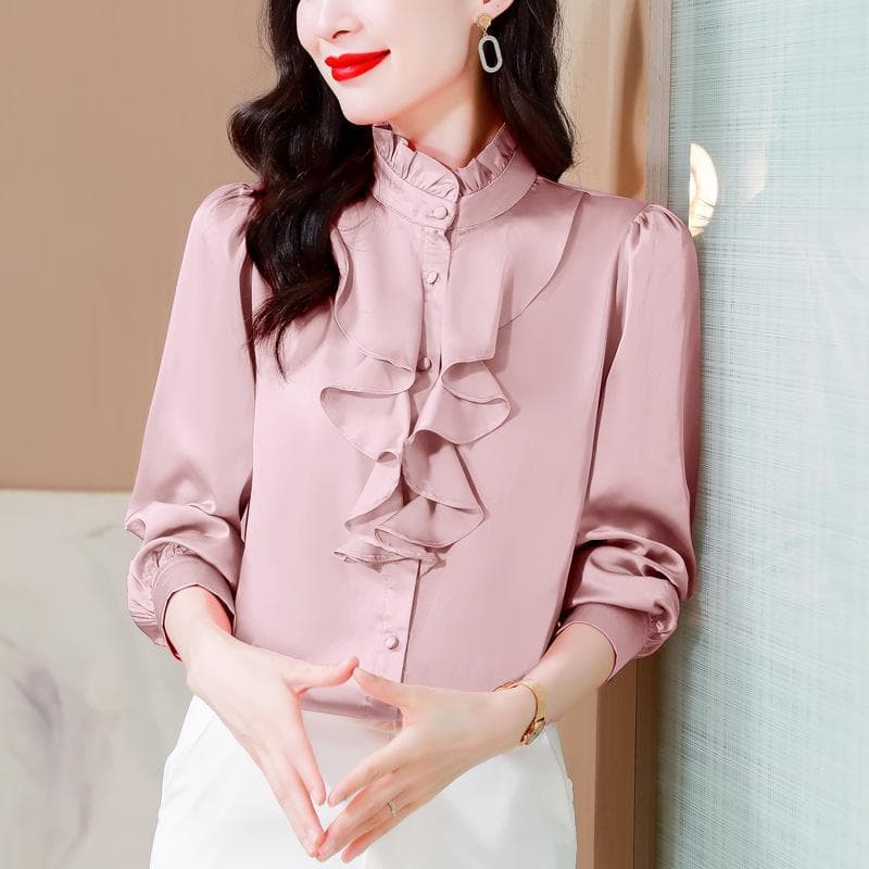 Green Palace-Inspired Lace Collar Silk Shirt - Women's Long Sleeve Solid Color 2XL pink