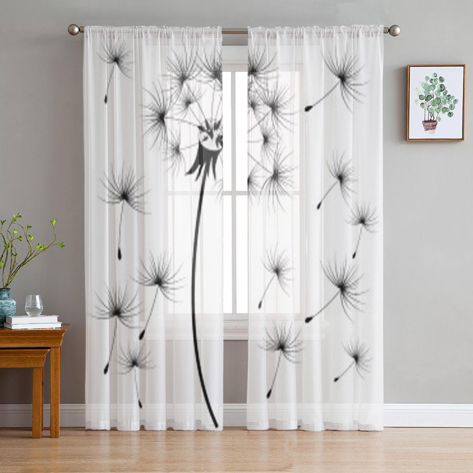 Graphic Drawing Of Parachute Dandelion Sheer Curtains for Living Room Tulle Window Curtain Bedroom Kitchen Veil Drapes 135W x 114H(cm)