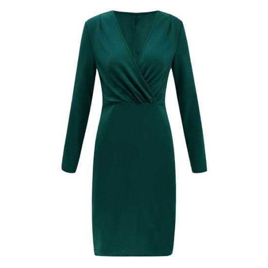 Evening Party Women Solid Color V Neck Long Sleeve Knee Length Bodycon Dress XXL dark green