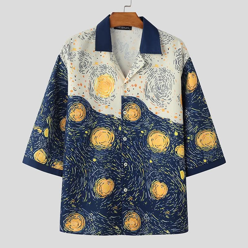 INCERUN Men Lapel Nevk Half Sleeve Buttons Floral Print Casual Loose Shirts M blue
