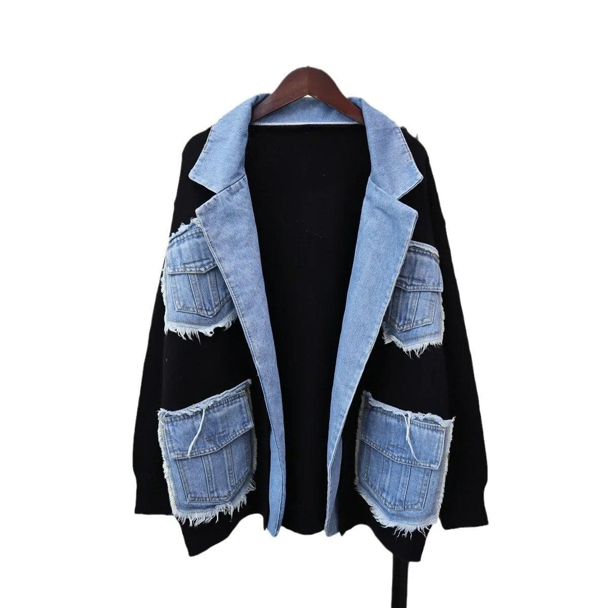 Autumn Winter Denim Pocket Spliced Women Sweater Jacket Casual Versatile Knit Female Cardigans Coat Tops One Size black
