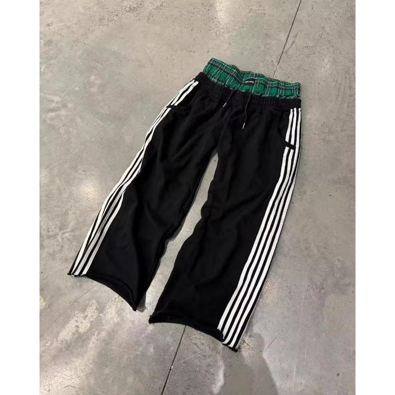 Double Waist Lace-up Casual Pants for Men's Retro Harajuku Straight-leg Pants High Waist Hip Hop Sports Pants M