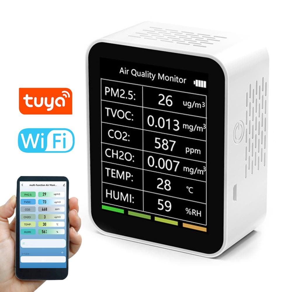 Tuya WiFi Portable Home Office Indoor Desktop Air Quality Detector 6 In 1 Multifunctional Detector WiFi type white