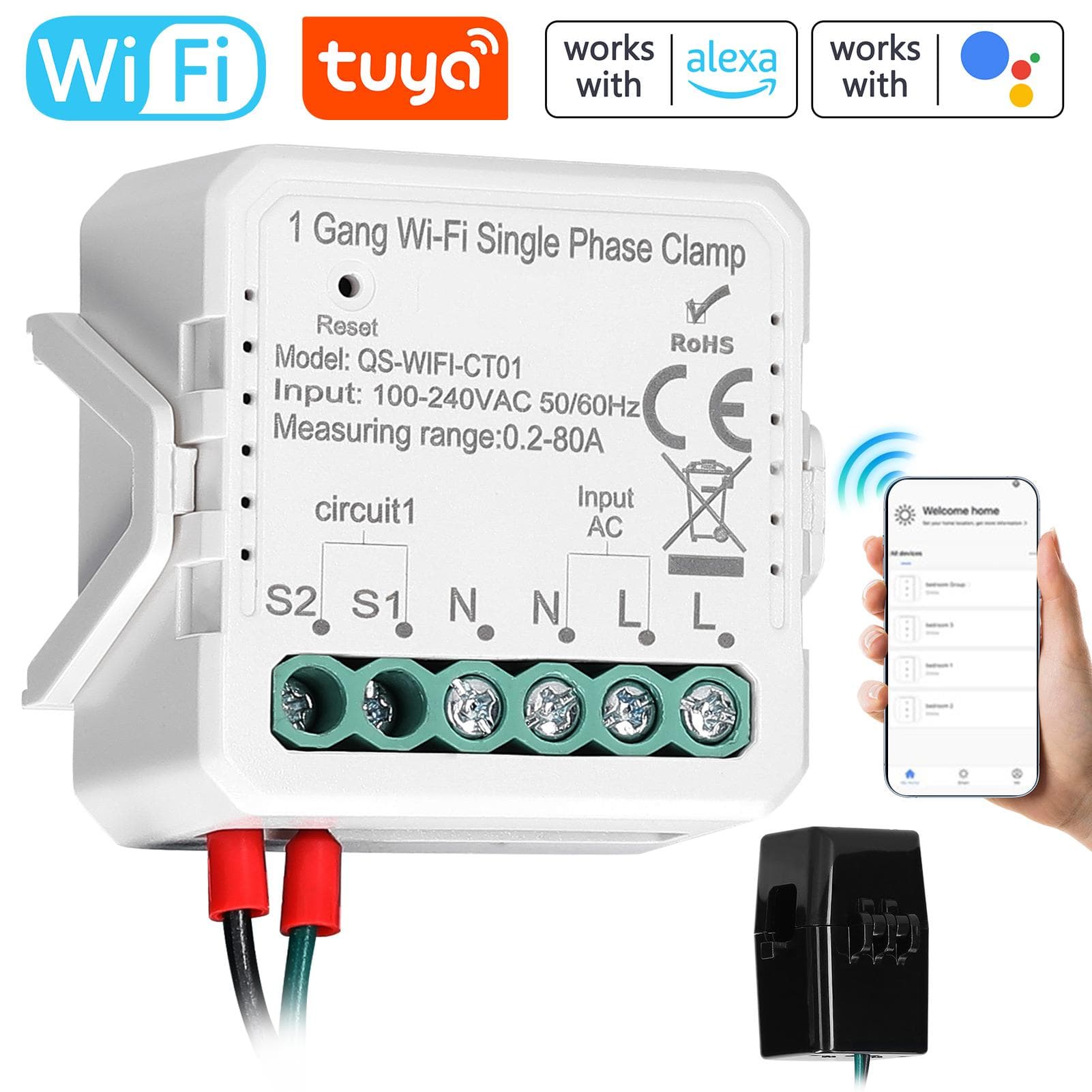 Tuya WiFi 2 Gang 80A Single Phase Clamp Solar PV Bidirectional Two Way Energy Meter Mobilephone APP 1 Gang Single Phase Clamp multicolour