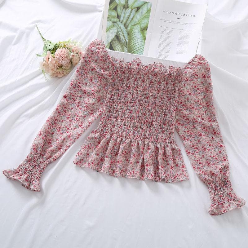 Puff Sleeve Chiffon Shirt Women Blouse Tightness Slim Square Neck Sweet Broken Flower Long Sleeve Top Elastic Waist Casual Summer XL purple