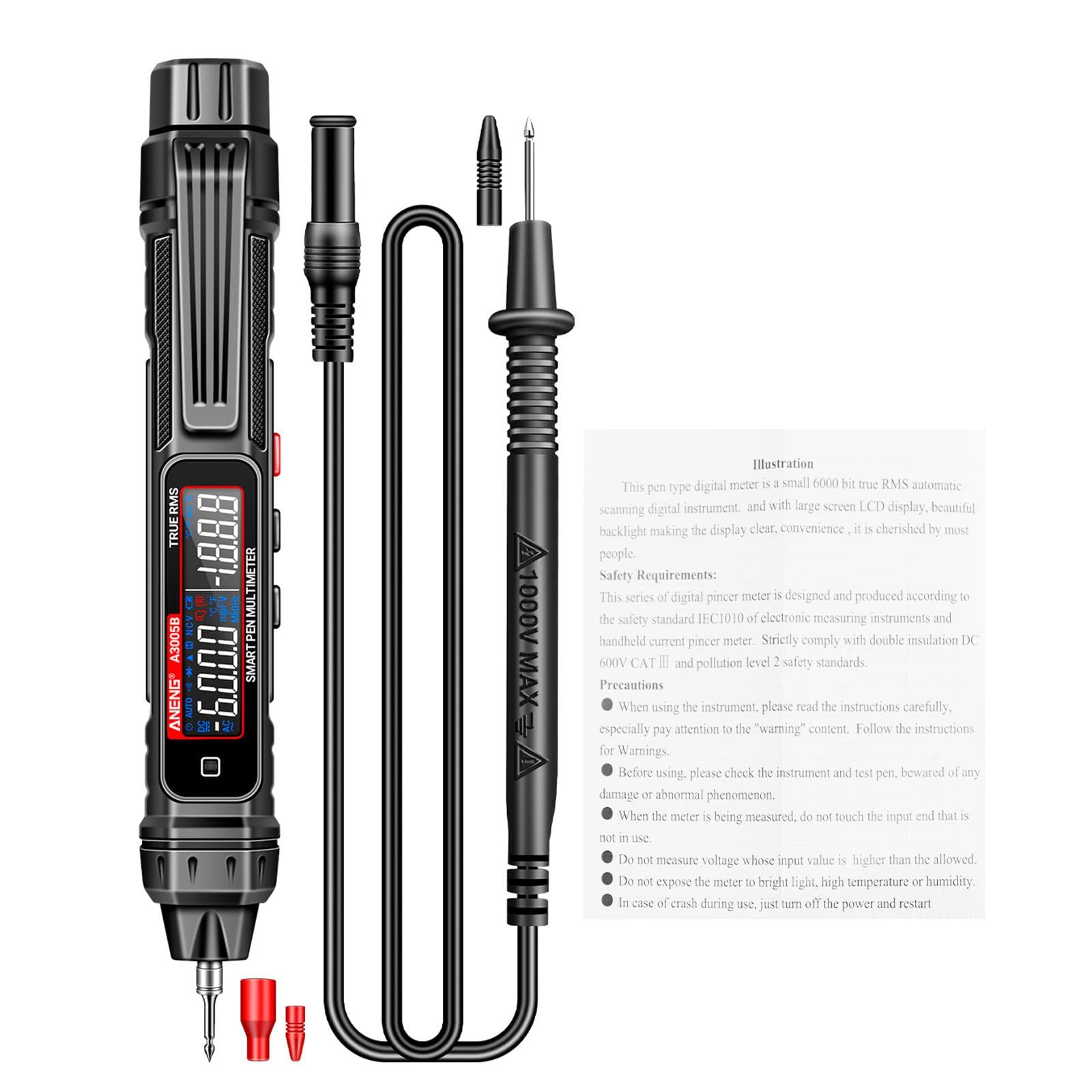 ANENG A3005AB Digital Intelligent Professional Multimeter Sensor Pen Phase Sequence Tester AC A3005B Standard Configuration black