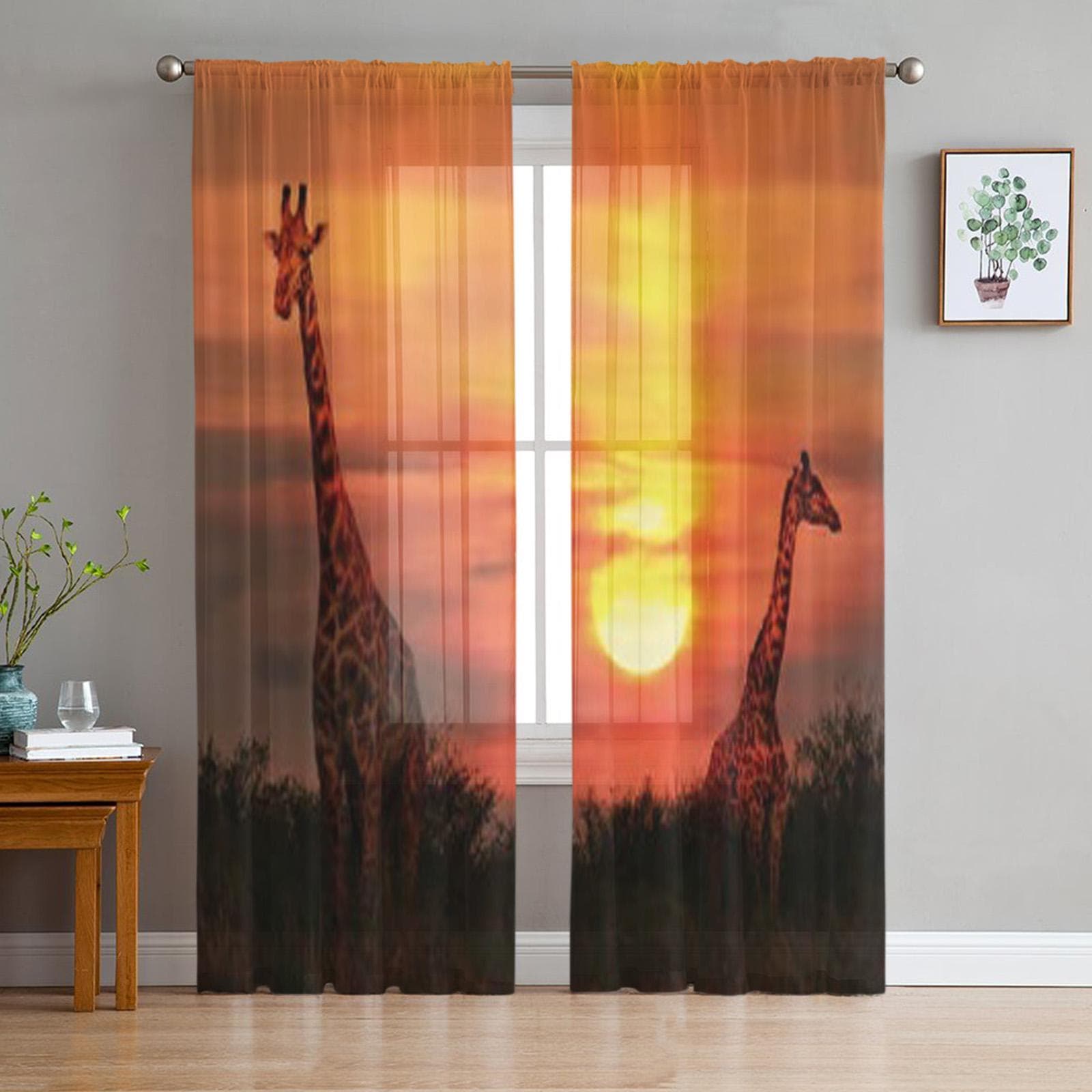 Wild Giraffes In The Savannah At Sunset Sheer Curtains for Living Room Tulle Window Curtain Bedroom Kitchen Veil Drapes 135W x 114H(cm)