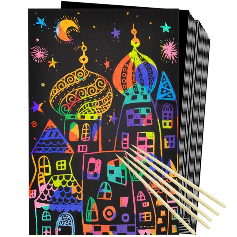 50Pcs Art Rainbow Scratch Paper Bamboo Stylus Set Scratch Off Art Craft Supplies Kits for Kids for black