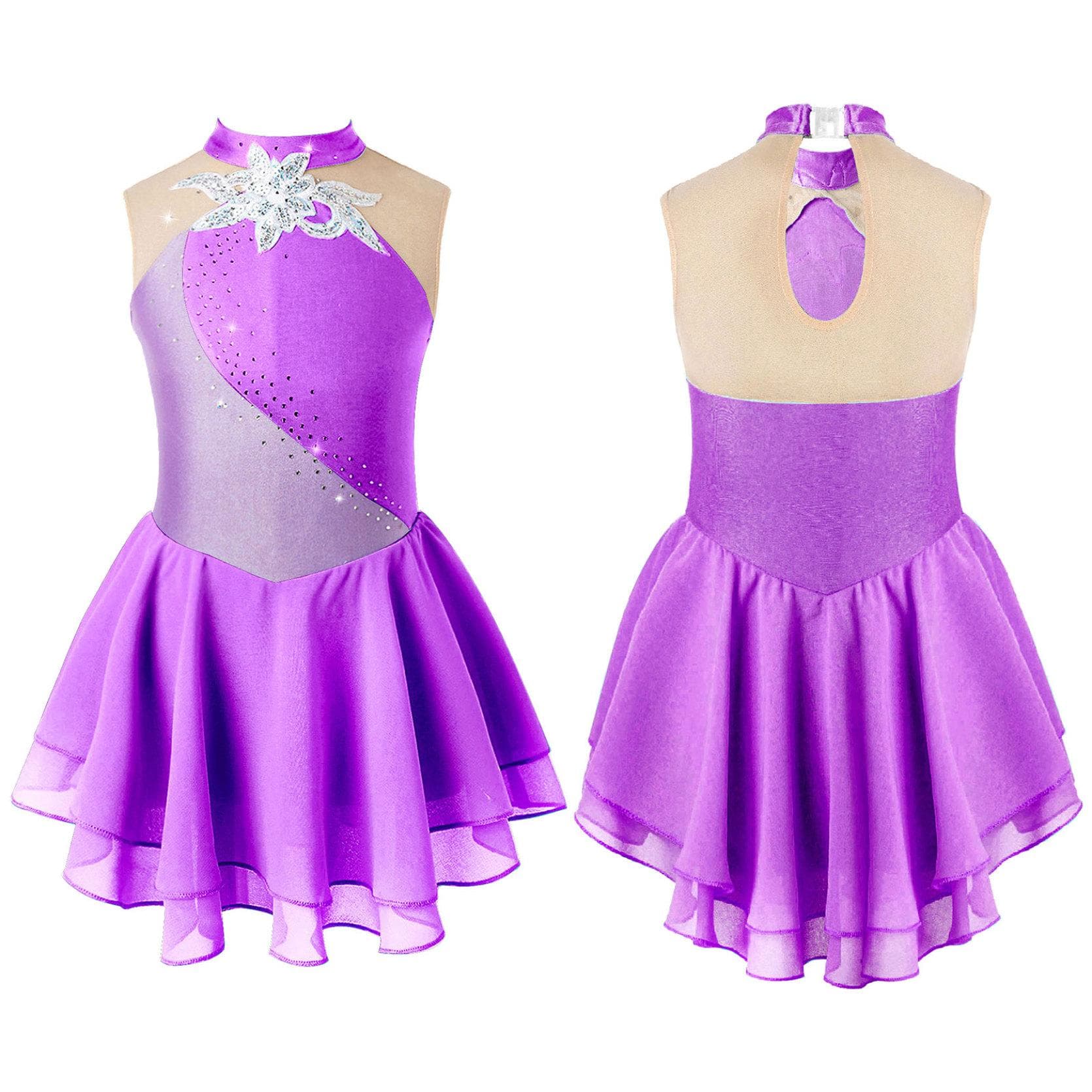 Gymnastics Leotards for Girls Sleeveless Rhinestone Ice Skating Dress Floral Dance Dresses 13-14 Years purple