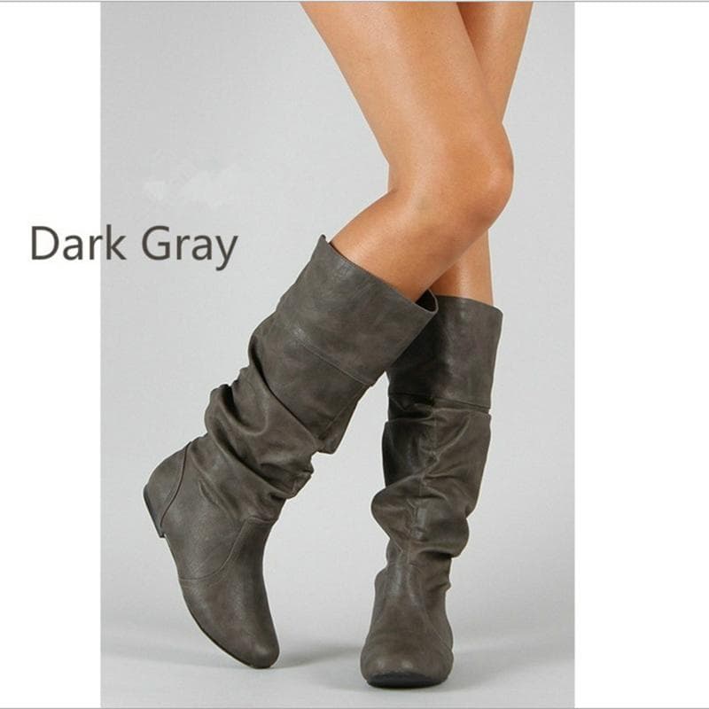 Women Leather Mid Calf Boots Casual Slip On Autumn Winter Wedge Long Fashion Pleated Round Toe Black High Female 43 grey