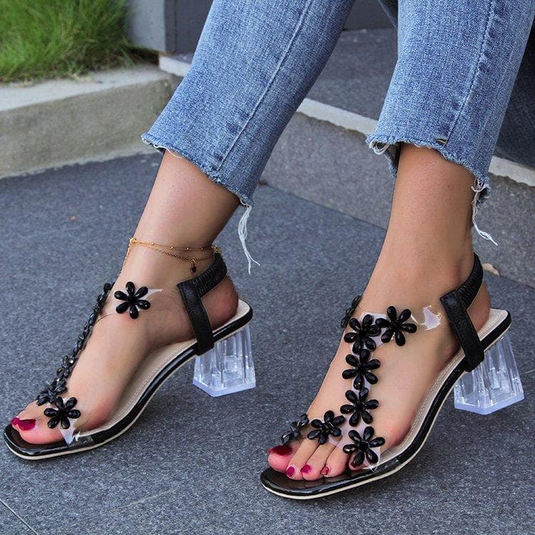 Rhinestone Flower Block Heel Sandals for Women - Stylish Square Open Toe Slip-Ons with Elastic Straps and High Heels - Versatile and Comfortable 39