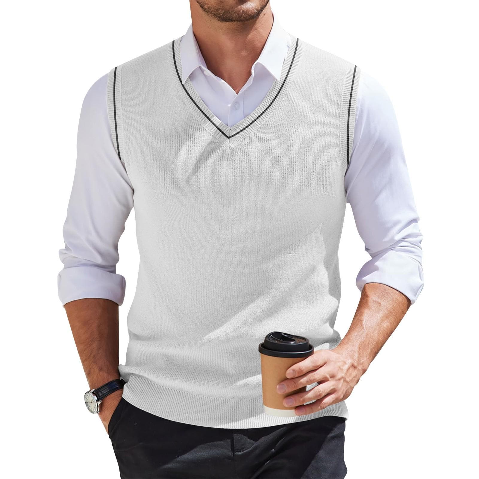 Men's V-neck Vest Sleeveless Knitted Pullover XXXL white